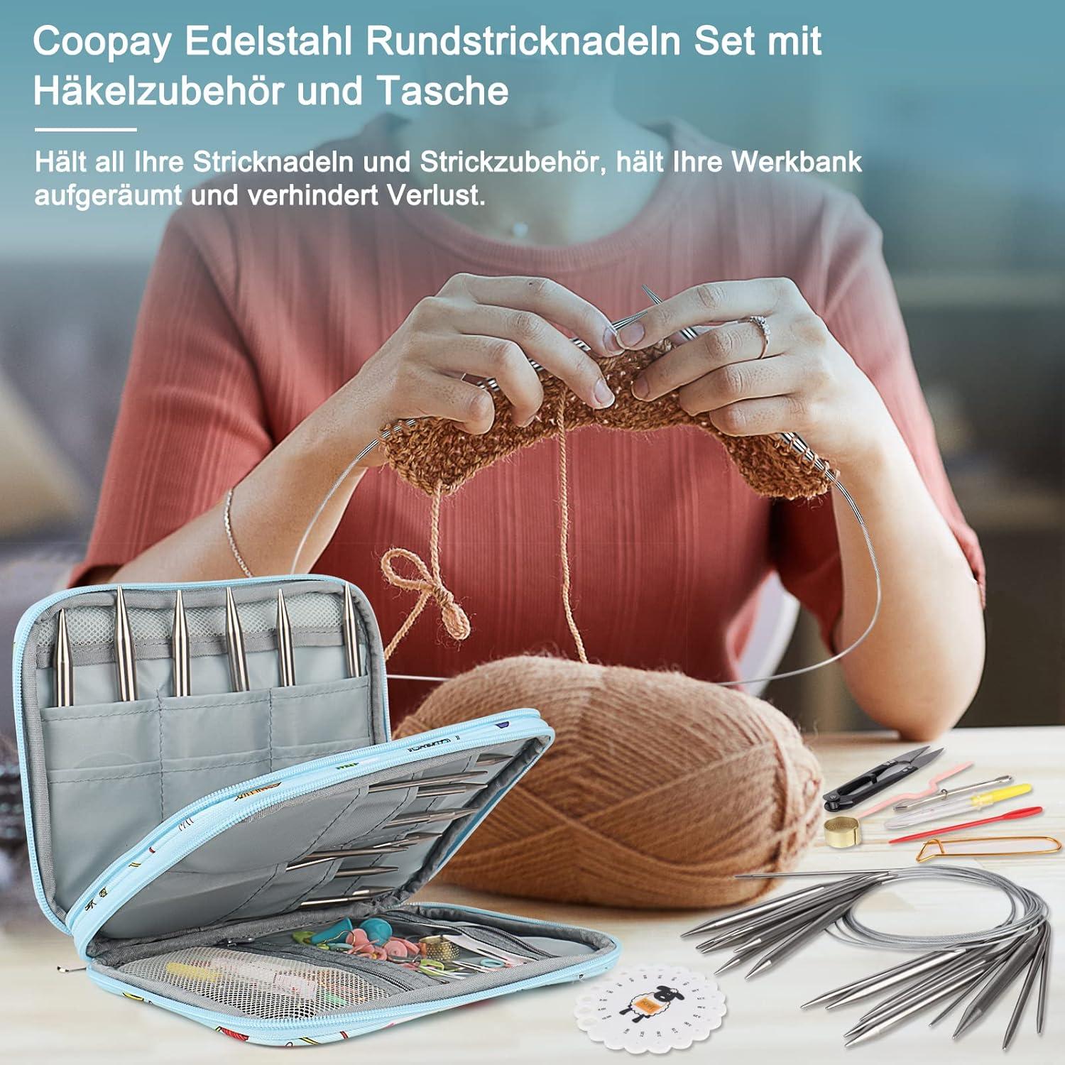 Edelstahl Rundstricknadeln Set 80 cm mit Tasche, 9 Stück, Nadellehre