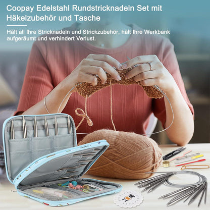 Edelstahl Rundstricknadeln Set 80 cm mit Tasche, 9 Stück, Nadellehre