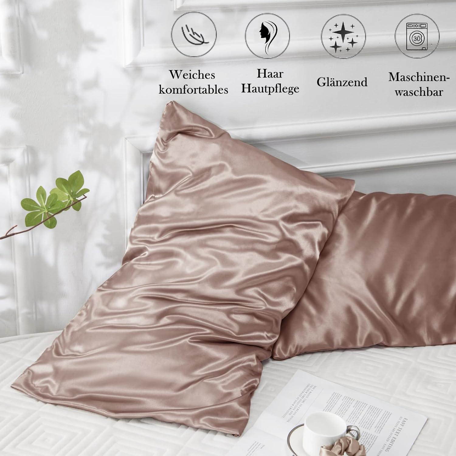 Satin Kissenbezug 40x80 Braun 2er Set für Haarpflege Hautpflege