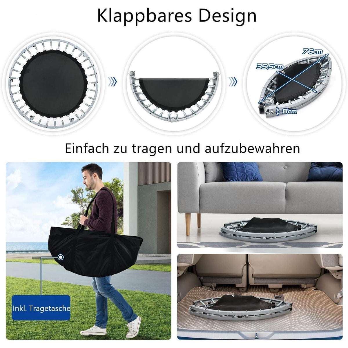 Klappbares Fitness Trampolin Ø101 cm mit Haltegriff & Tragetasche