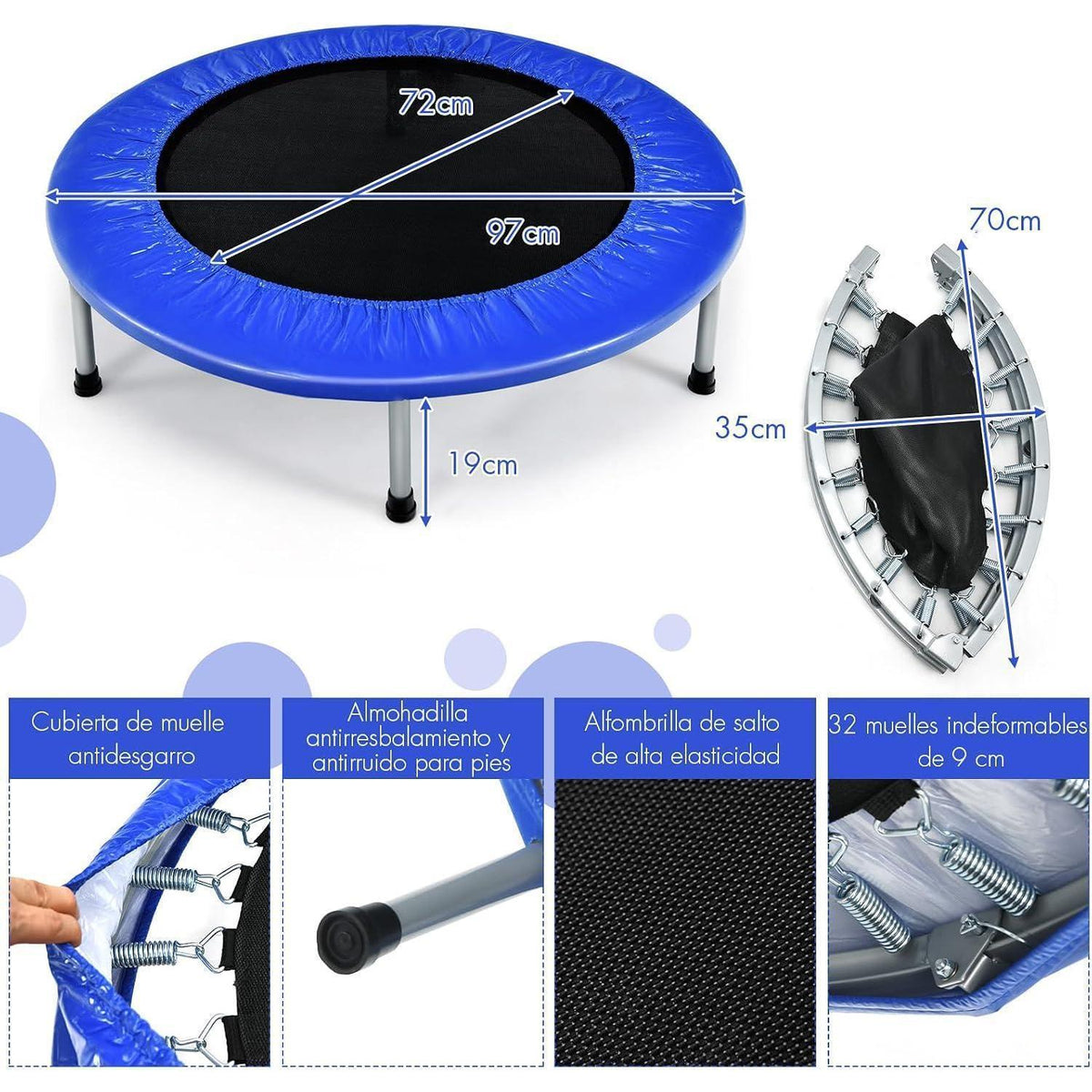 Klappbares Fitness Trampolin Ø97 cm – Blau, 150 kg