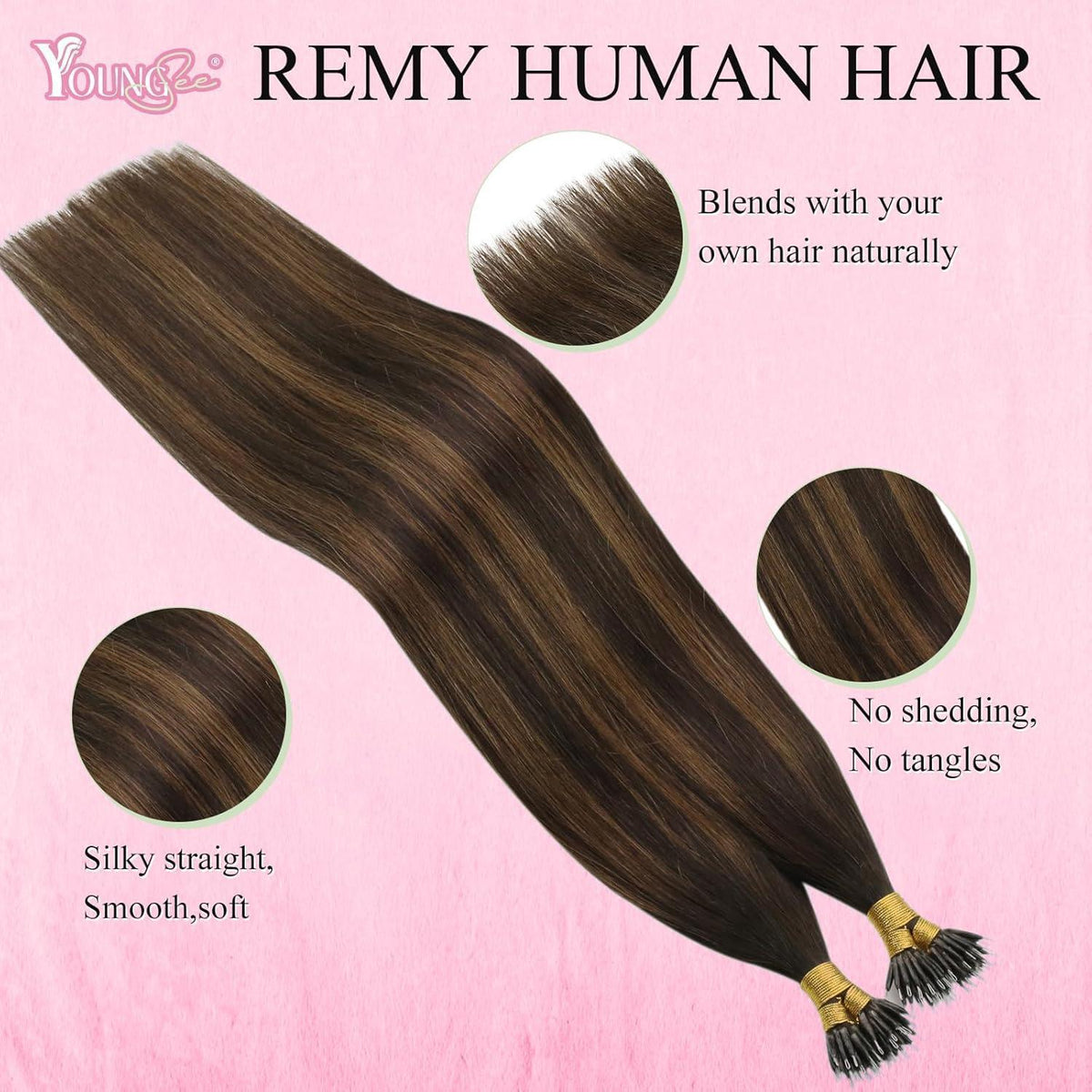 Echthaar Nano Ring Extensions Braun Ombre 50cm