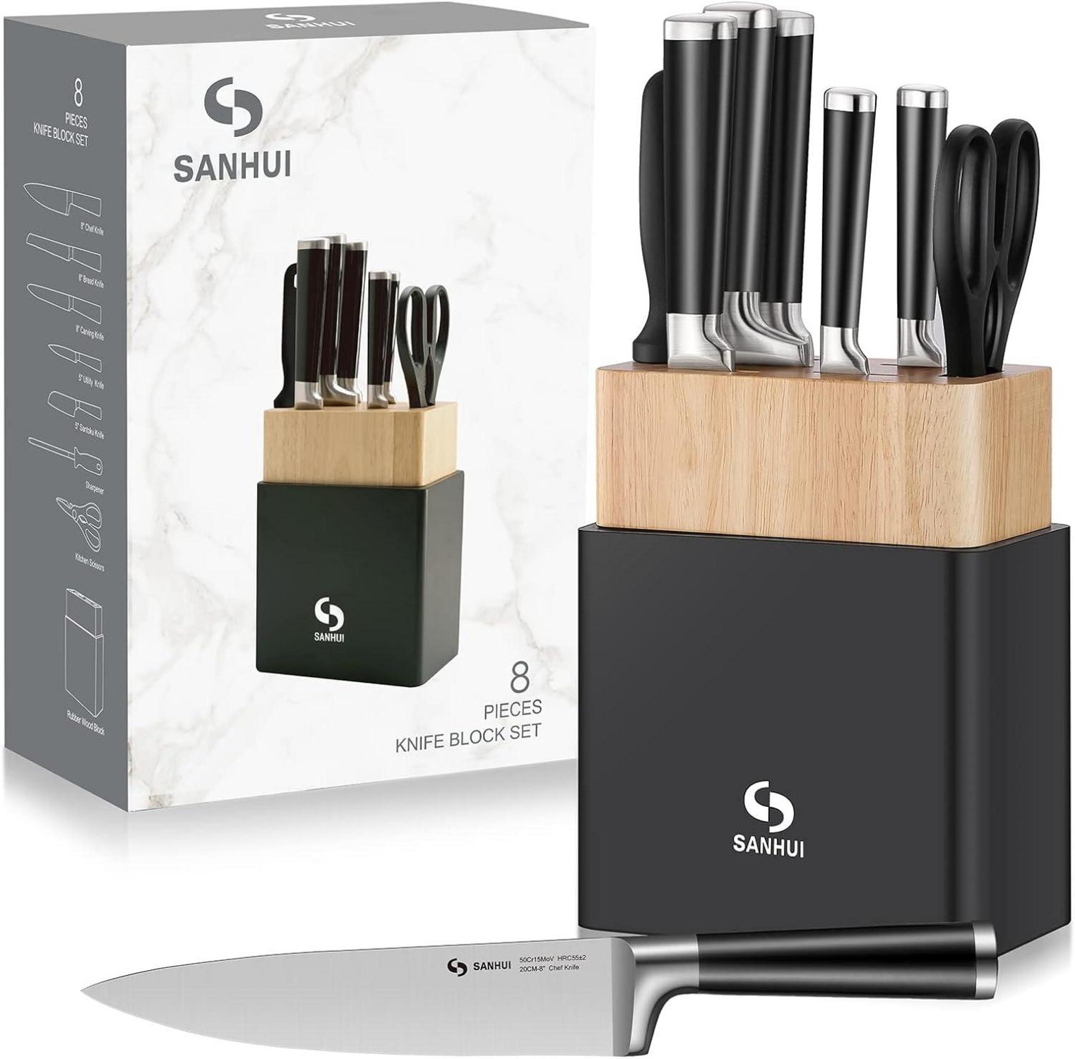8-teiliges Küchenmesser-Set mit Gummi-Holz-Messerblock - Scharf und