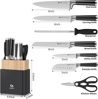 SANHUI 8-teiliges Küchenmesser-Set mit Gummi-Holzblock