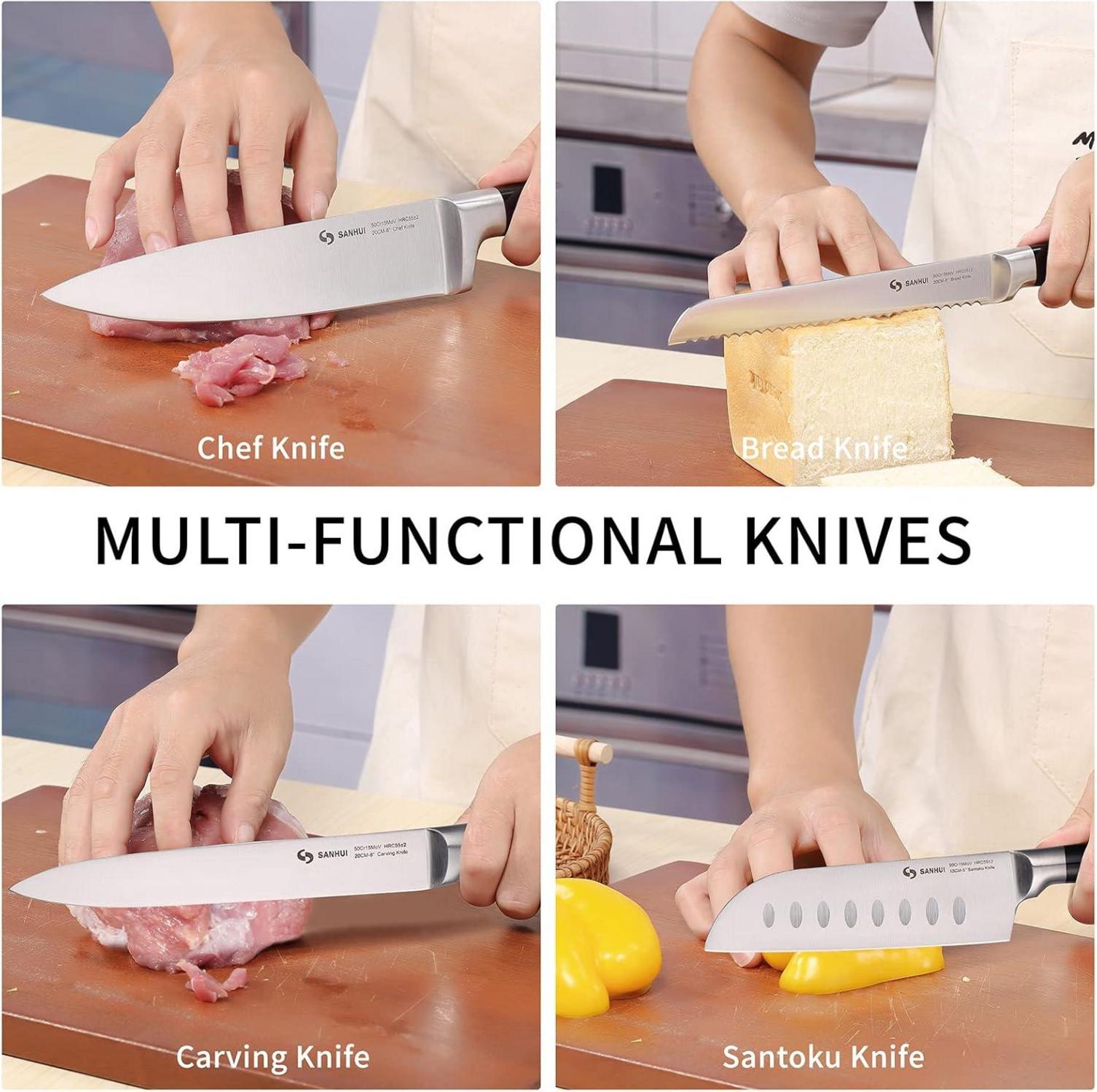 SANHUI 8-teiliges Küchenmesser-Set mit Gummi-Holzblock - scharf und langlebig