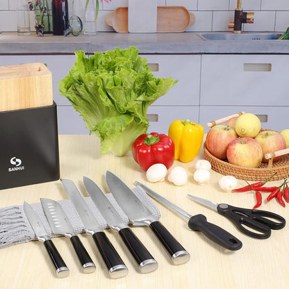 SANHUI 8-teiliges Küchenmesser-Set mit Gummi-Holzblock - scharf und langlebig