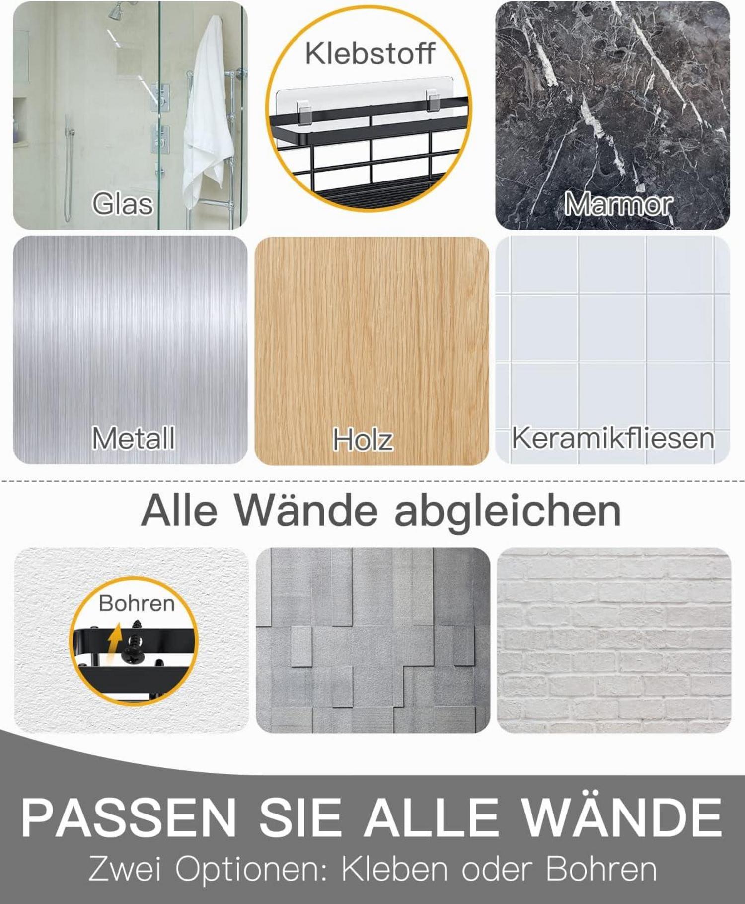 Uamector Duschablage ohne Bohren, 3 Stück Schwarz, Rostfrei, Rechteck 3er-Pack, Duschregal, Shampoo, Duschgel