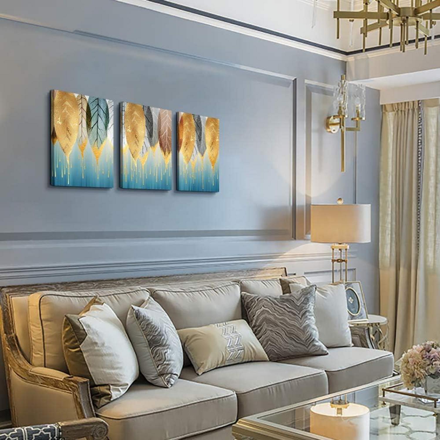 Leinwandbild Blätter Natur Gold Blau 40x30cm wasserdicht UV-beständig