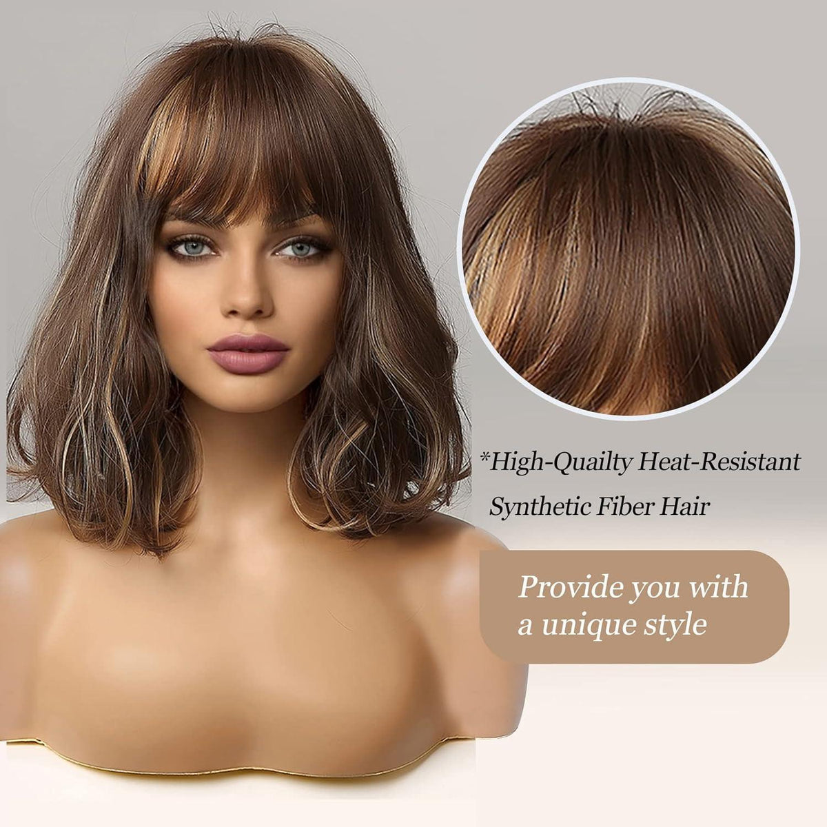 Braune Bob Perücke mit Pony – Synthetisch & Hitzebeständig