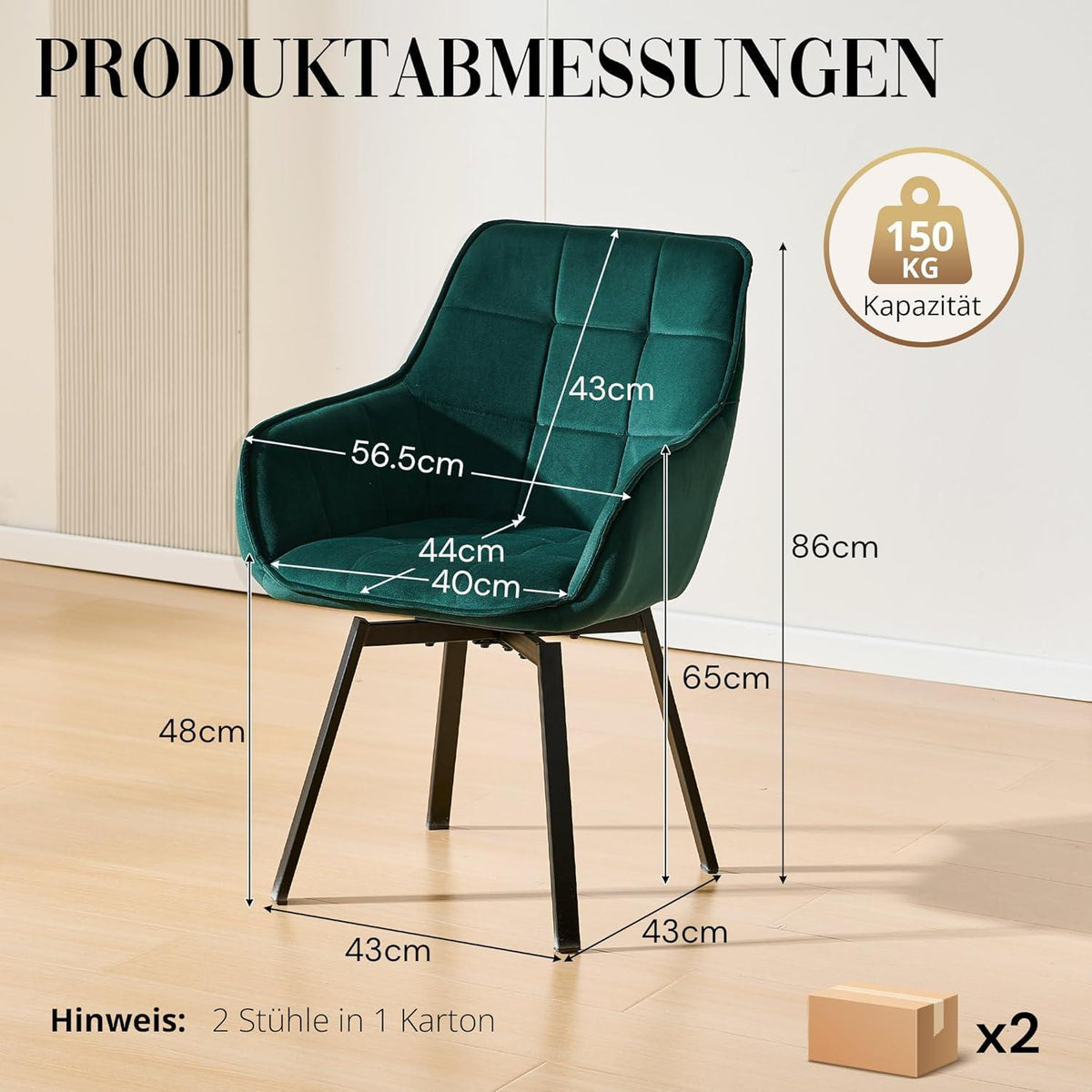 Drehbarer Samt Esszimmerstuhl mit Armlehne - 4er Set Grün