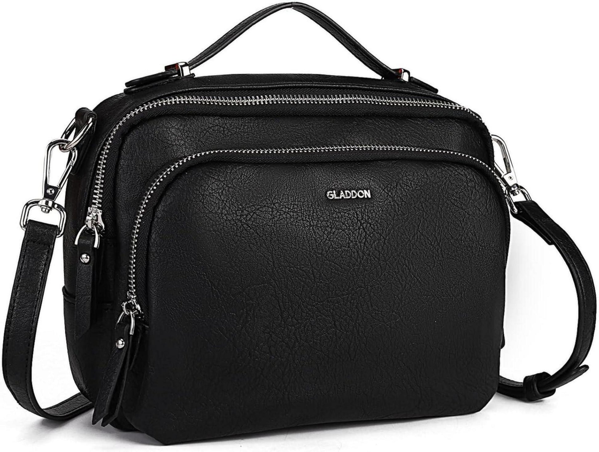 Umhängetasche Damen Schwarz Leder Crossbody Reißverschluss