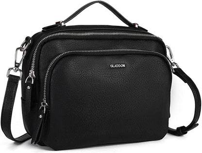 Umhängetasche Damen Schwarz Leder Crossbody Reißverschluss