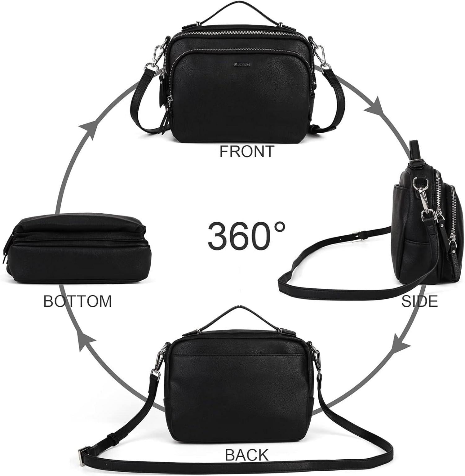 Umhängetasche Damen Schwarz Leder Crossbody Reißverschluss