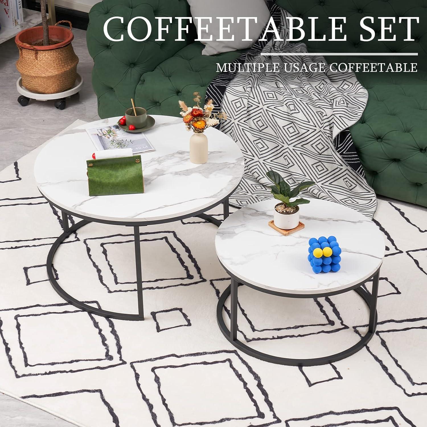 Runder Couchtisch Set Marmoroptik Schwarz Metallgestell