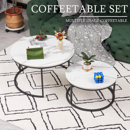 Runder Couchtisch Set Marmoroptik Schwarz Metallgestell