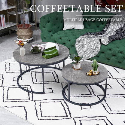 Runder Couchtisch 2er Set Marmoroptik Grau & Metallgestell