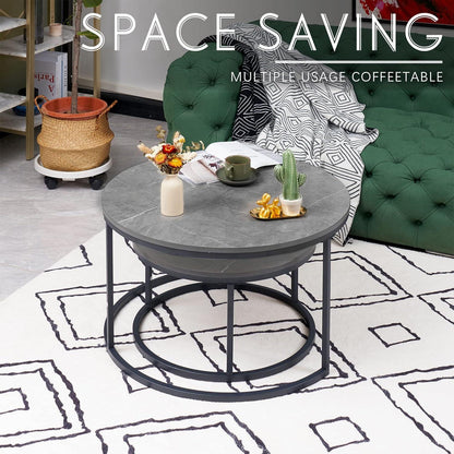 Soayone Couchtisch 2er Set Grau Marmor - Rund Mit Metallgestell