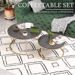 Soayone Couchtisch Set Schwarz Marmor Goldgestell Rund Modern