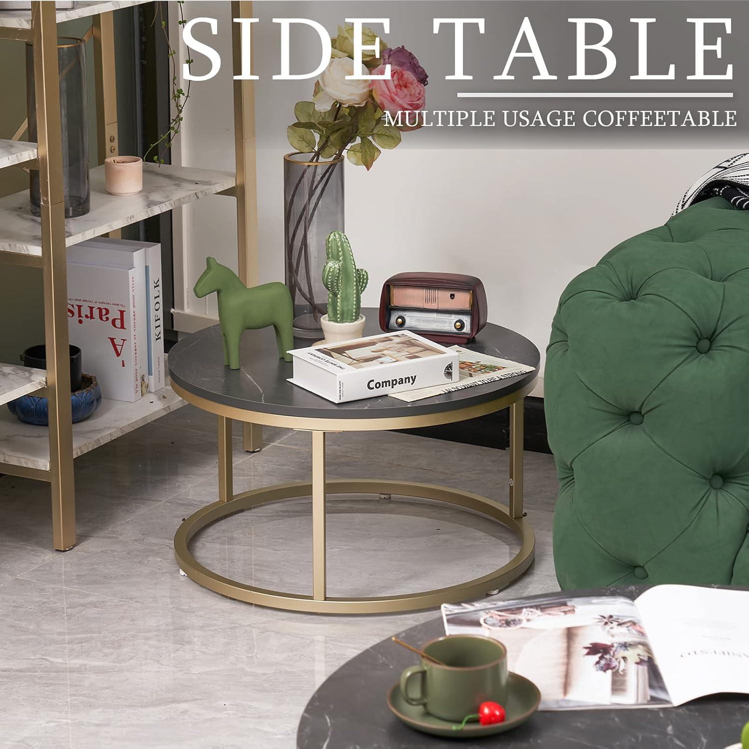 Soayone Couchtisch Rund 2er Set Schwarz Marmor Gold Metallgestell