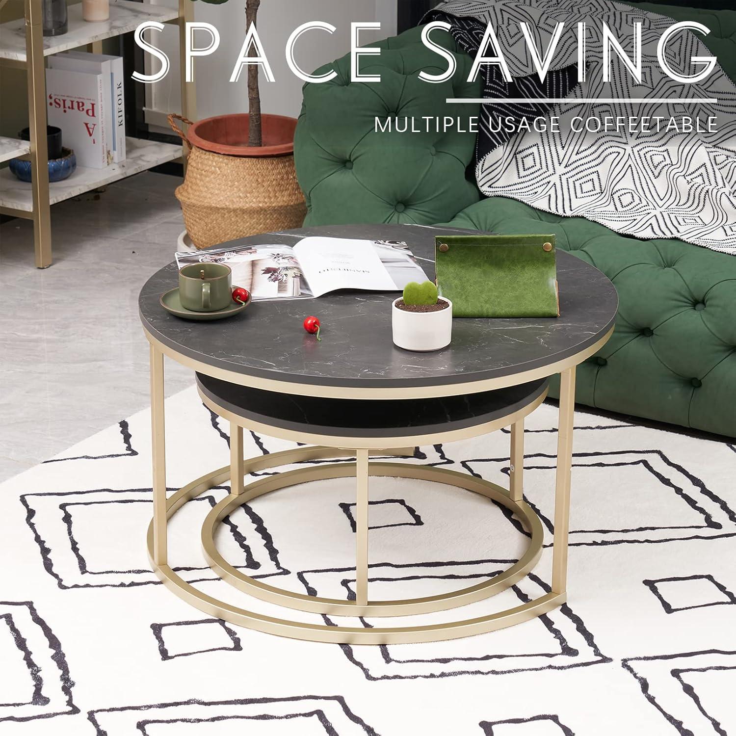 Runder Schwarz Marmor Couchtisch Set Gold Metallgestell modern
