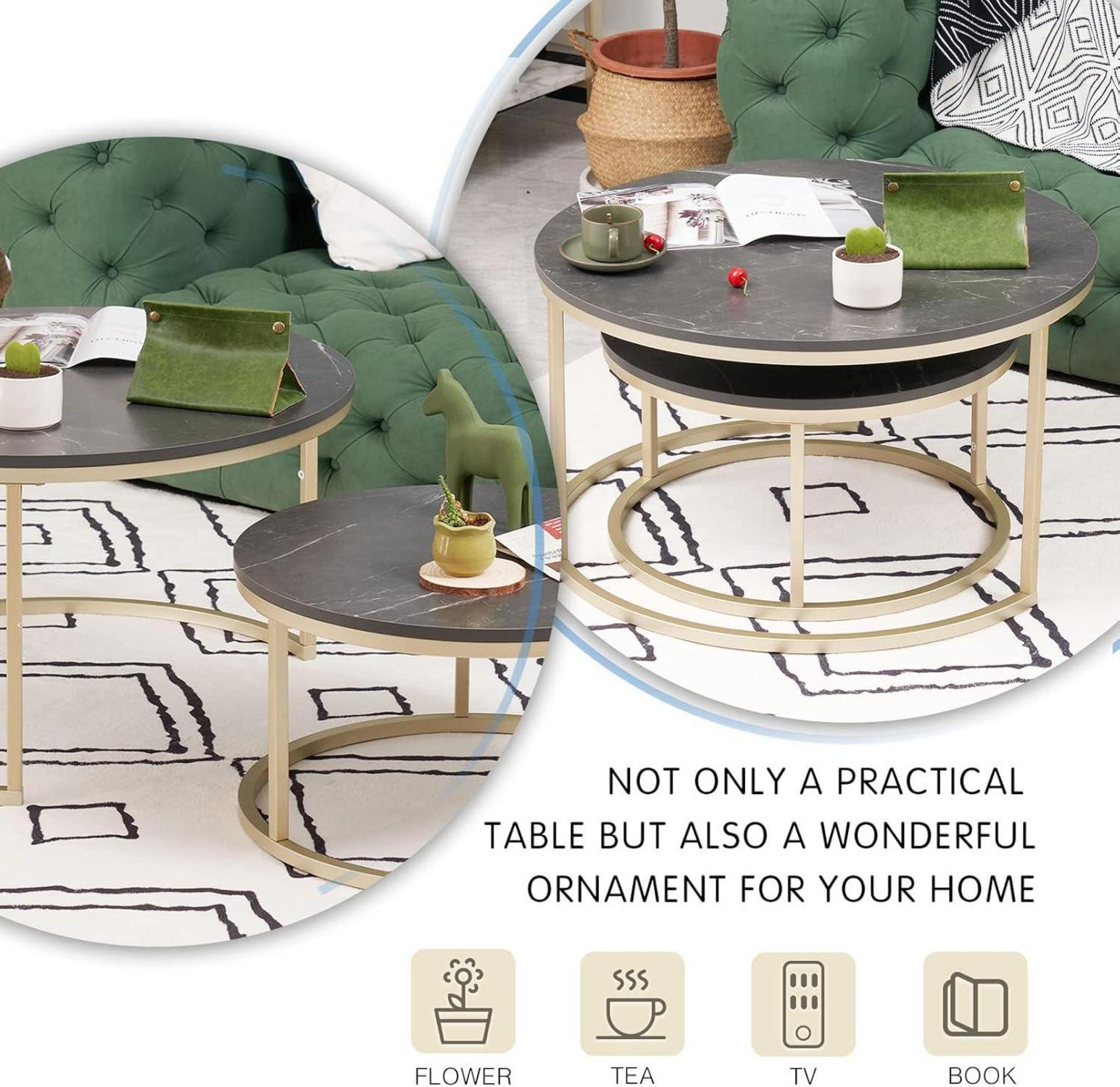 Couchtisch Set Schwarz Marmor Gold Metallgestell Rund Modern