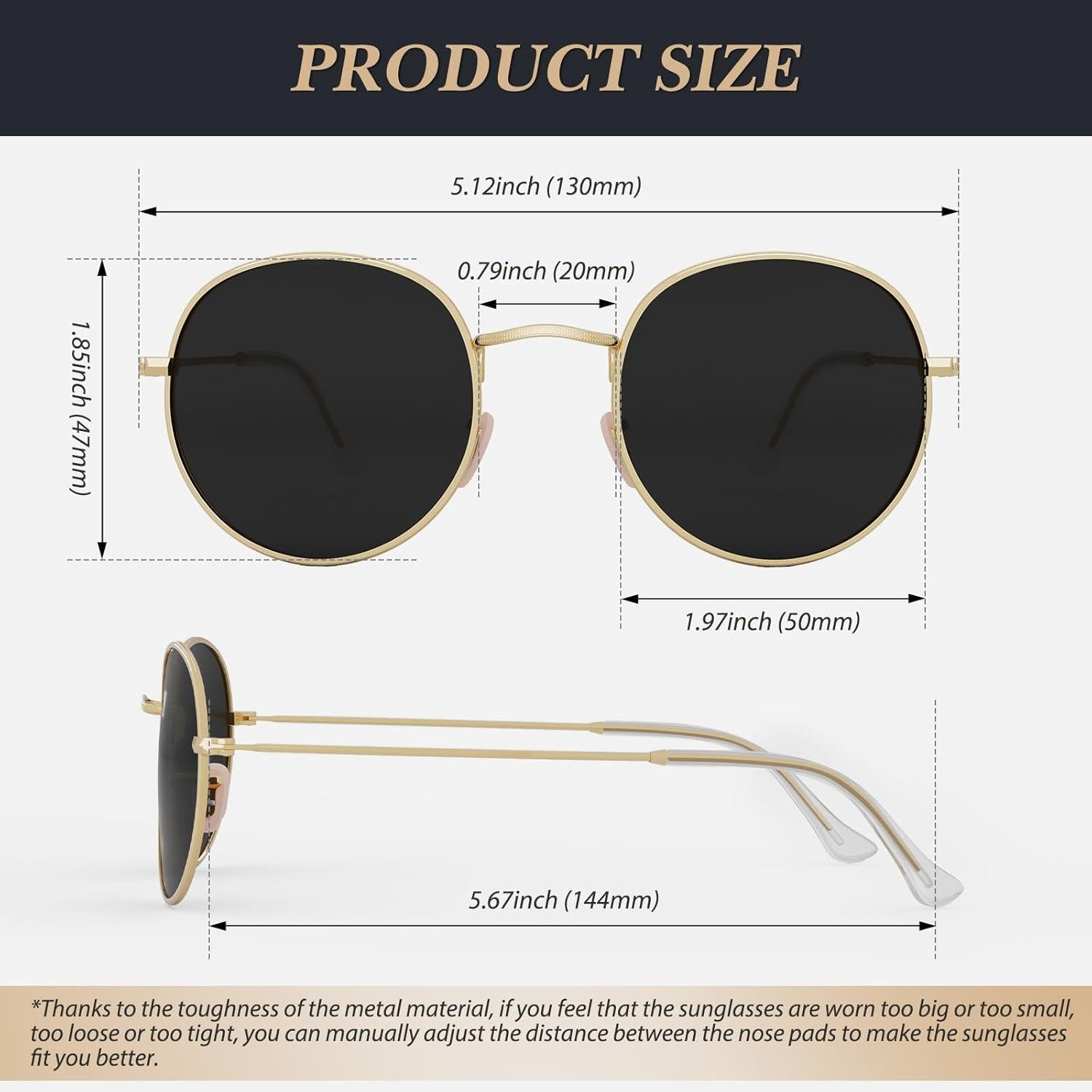 Polarisierte Retro Runde Sonnenbrille UV400 Damen Herren Schwarz