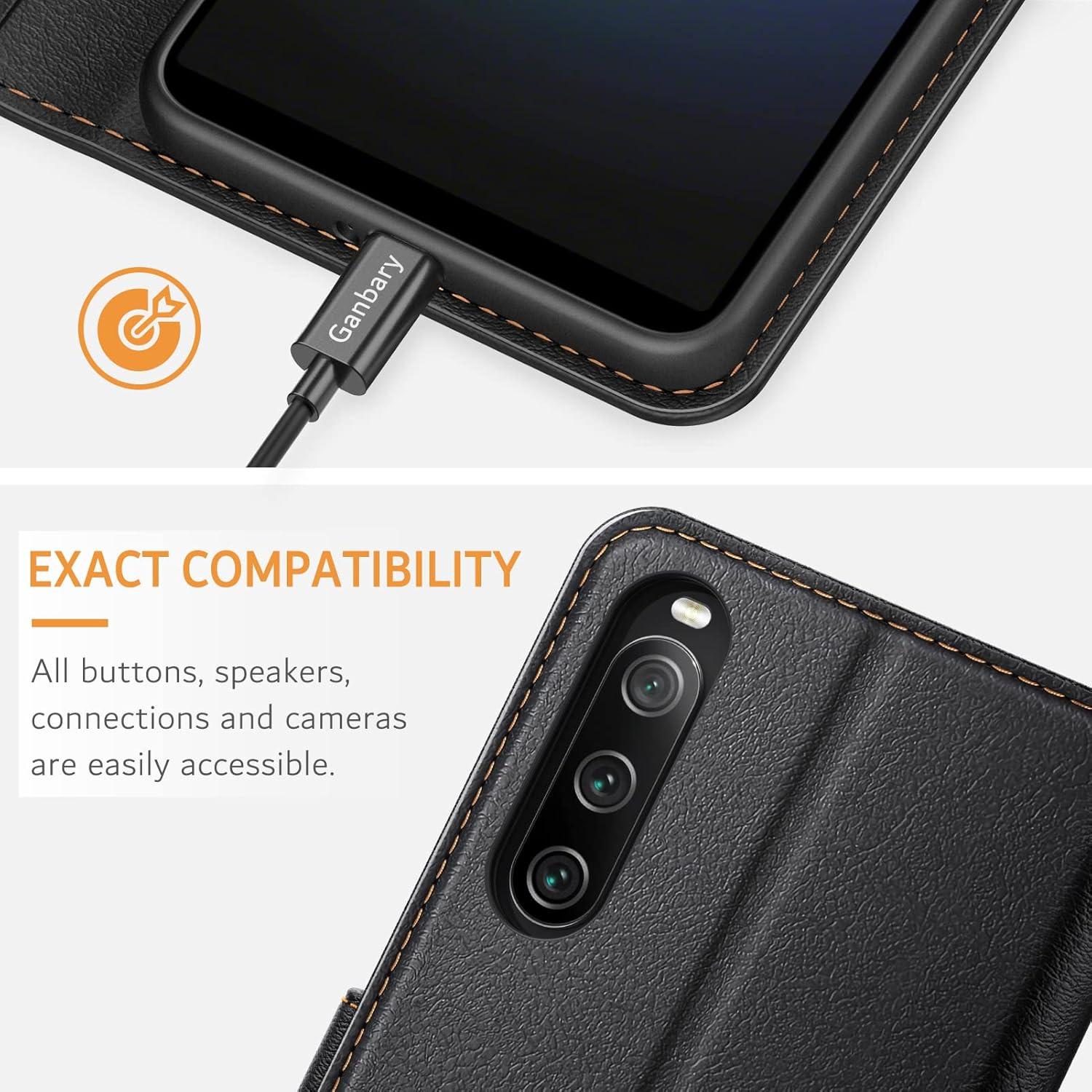 Sony Xperia 10 IV Leder Handyhülle Klapphülle mit Kartenschlitzen, Schwarz
