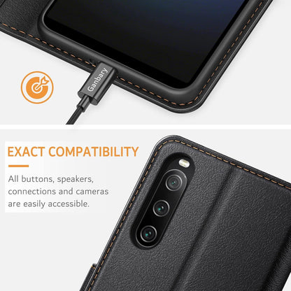 Sony Xperia 10 IV Leder Handyhülle Klapphülle mit Kartenschlitzen, Schwarz