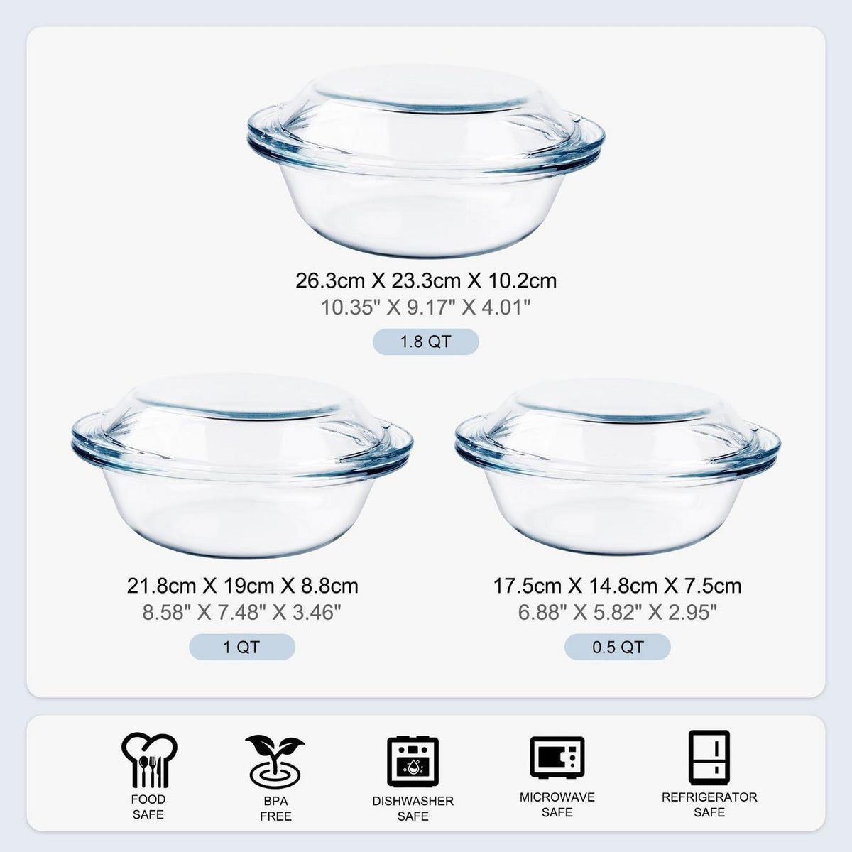 6tlg. Glas Auflaufform Set mit Deckel - 0,5L, 1L, 1,8L