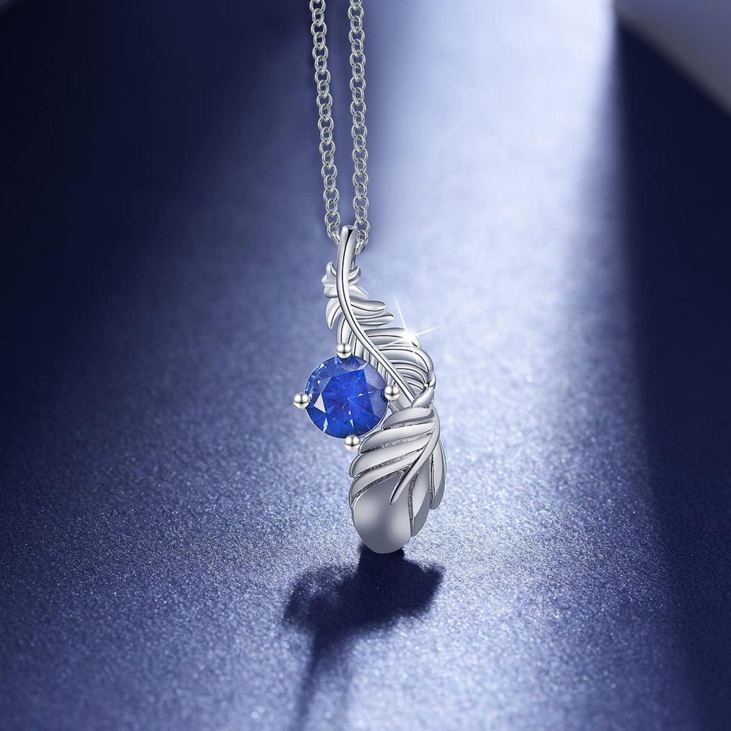 Damen Kette Silber 925 mit Feder Anhänger Zirkonia Blau