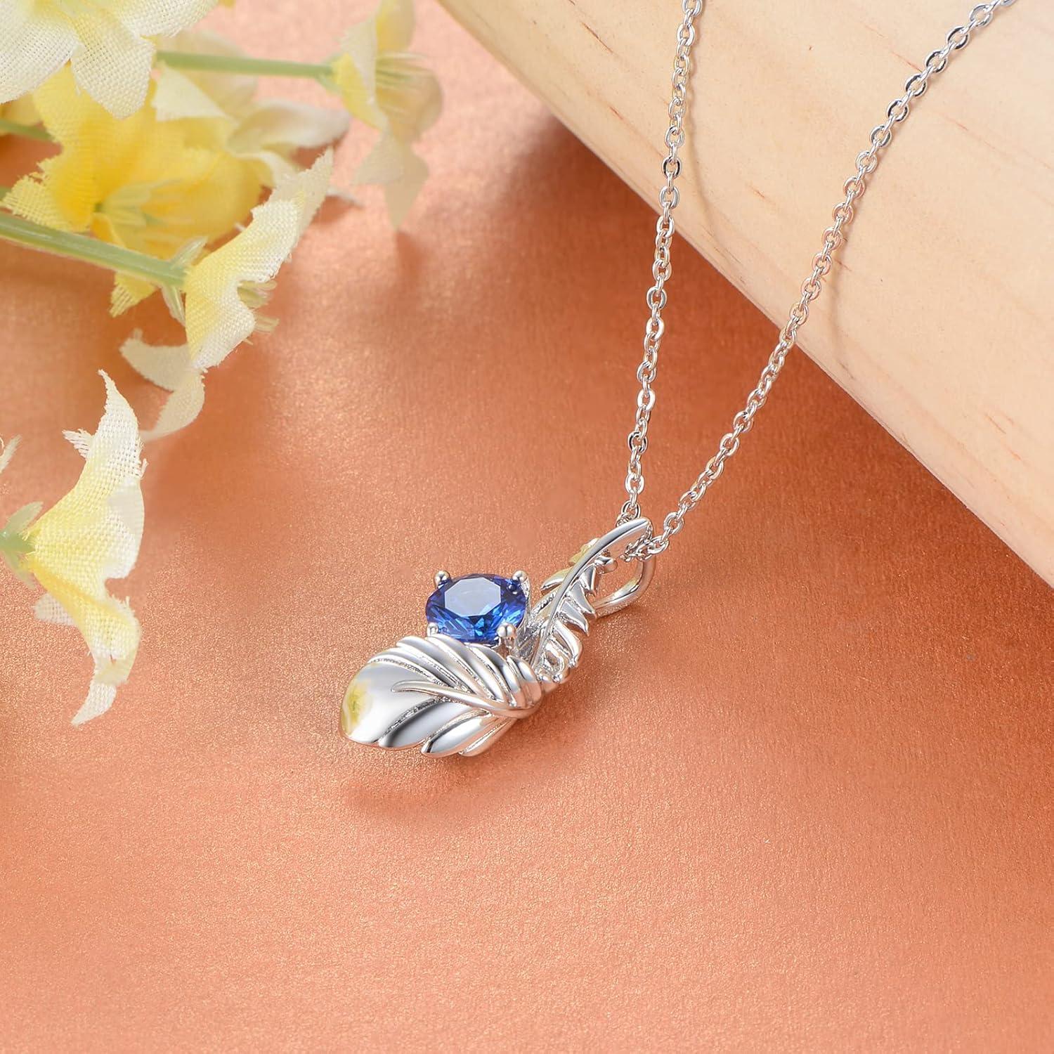 Damen Kette Silber 925 Halskette Feder Anhänger Zirkonia Blau