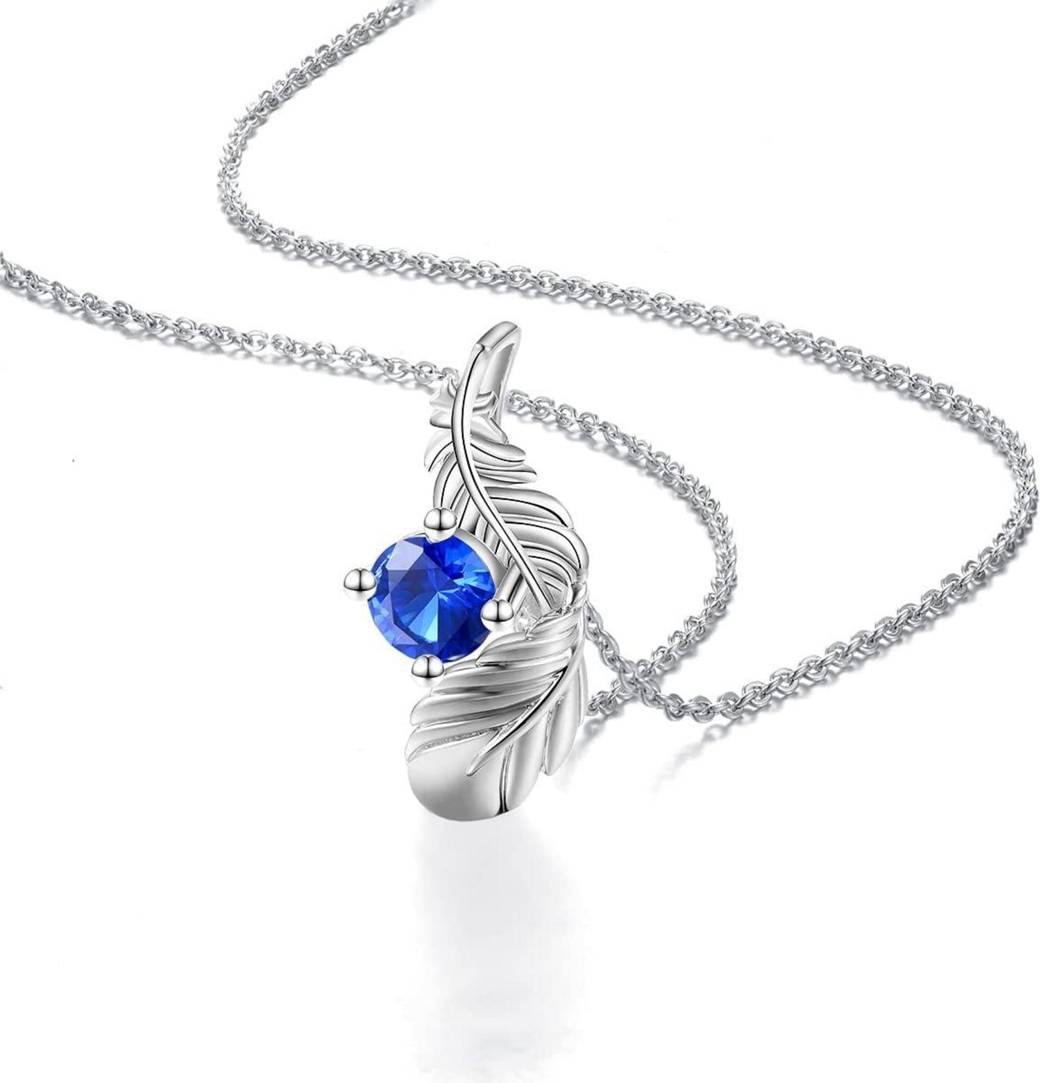 Damen Kette Silber 925 Halskette Feder Anhänger Zirkonia Blau
