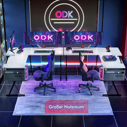 ODK Gaming Schreibtisch L-Form mit Monitorständer, Weiß 127