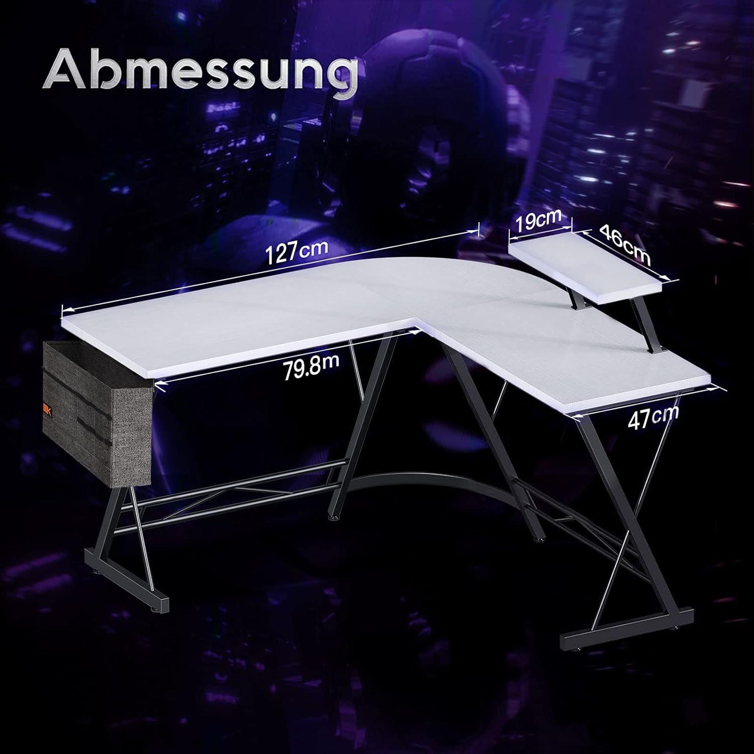 ODK Gaming Schreibtisch Eckschreibtisch L-Form Büro Monitorständer Weiß 127x127