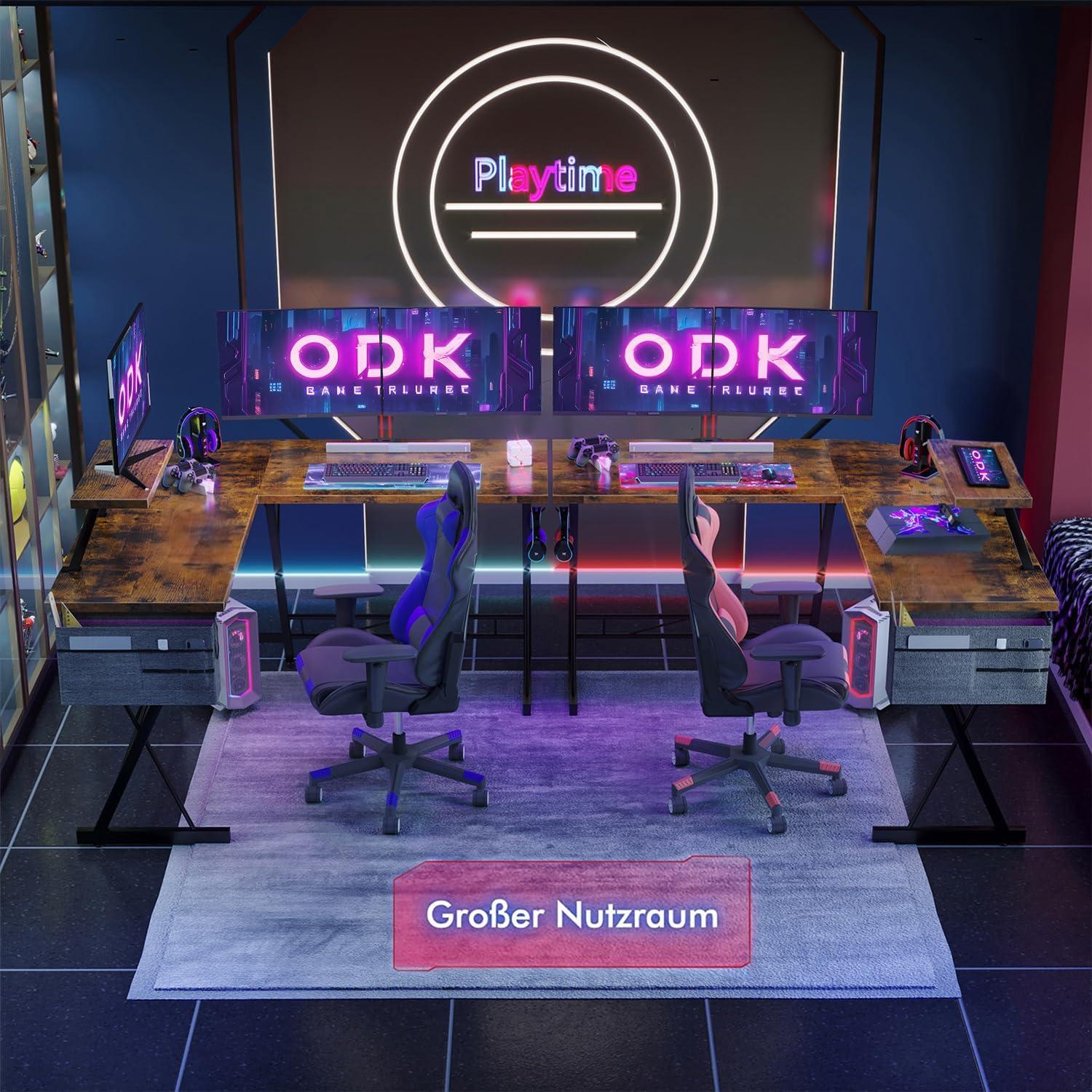 ODK Gaming Tisch L Form mit Monitorständer Vintage Braun