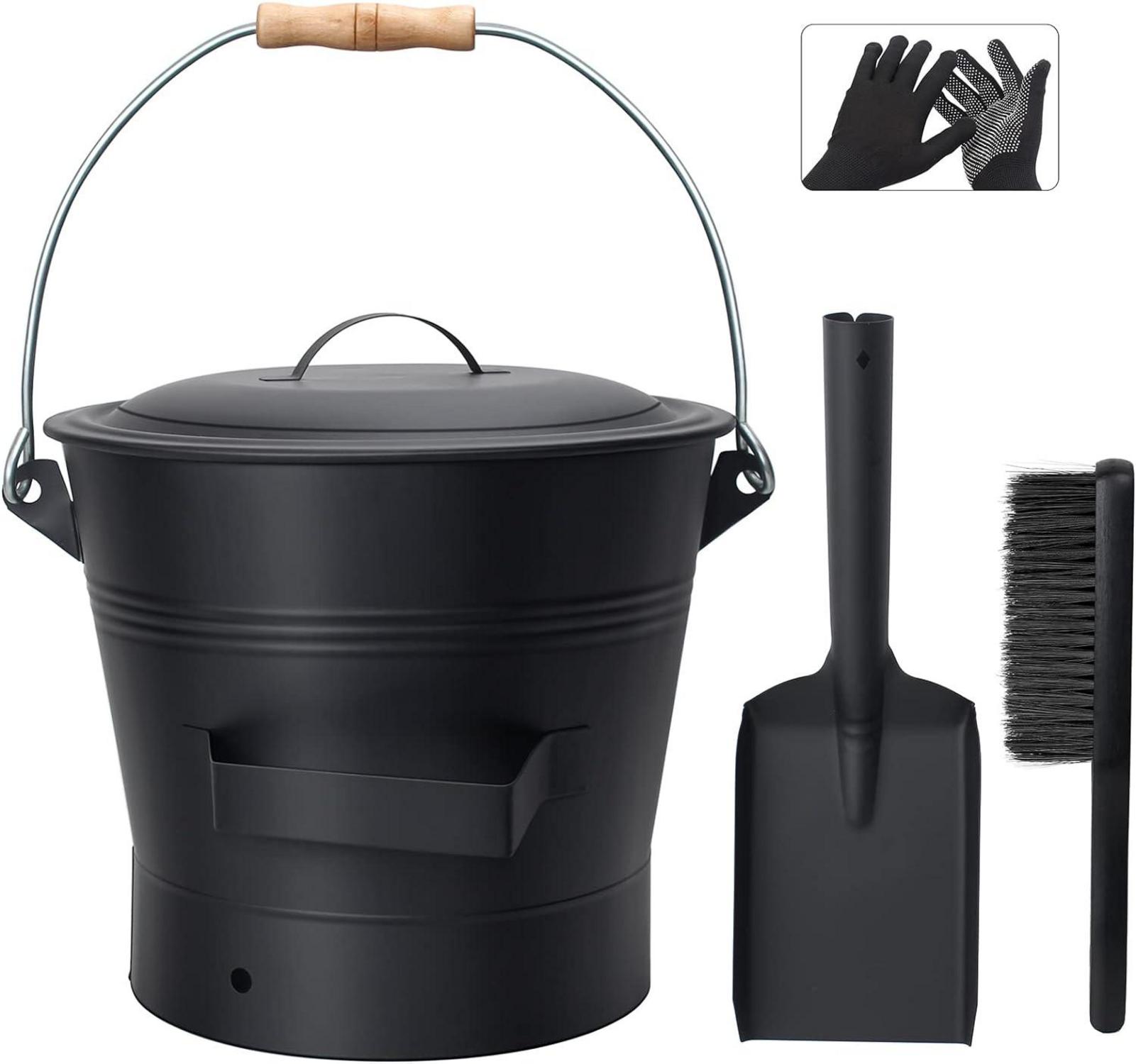 Ascheeimer mit Deckel 10L für Kamine inkl. Schaufel & Handbesen