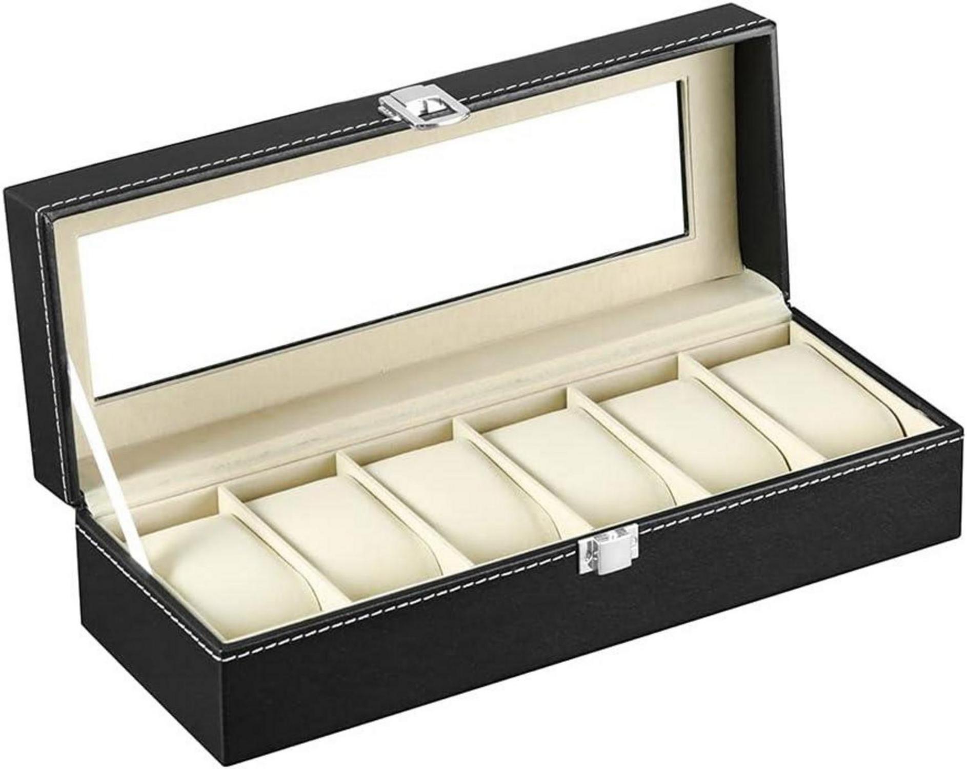 Uhrenbox mit Glasfenster und 6 Fächern aus PU Leder in Schwarz