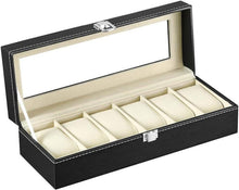 Uhrenbox mit Glasfenster und 6 Fächern aus PU Leder in Schwarz