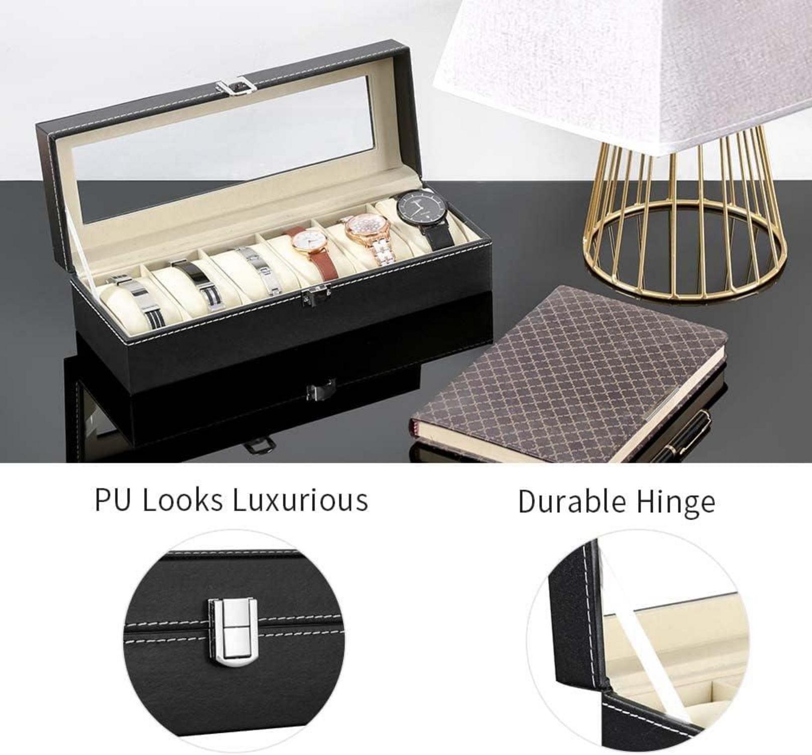 Uhrenbox mit Glasfenster und 6 Fächern aus PU Leder in Schwarz