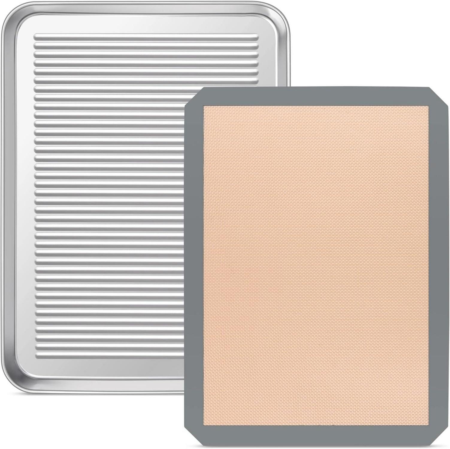 Edelstahl Backblech mit Silikonmatte Set, 31,6x24,5x2,5cm