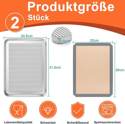 Edelstahl Backblech mit Silikonmatte, 31,6 x 24,5 x 2,5cm