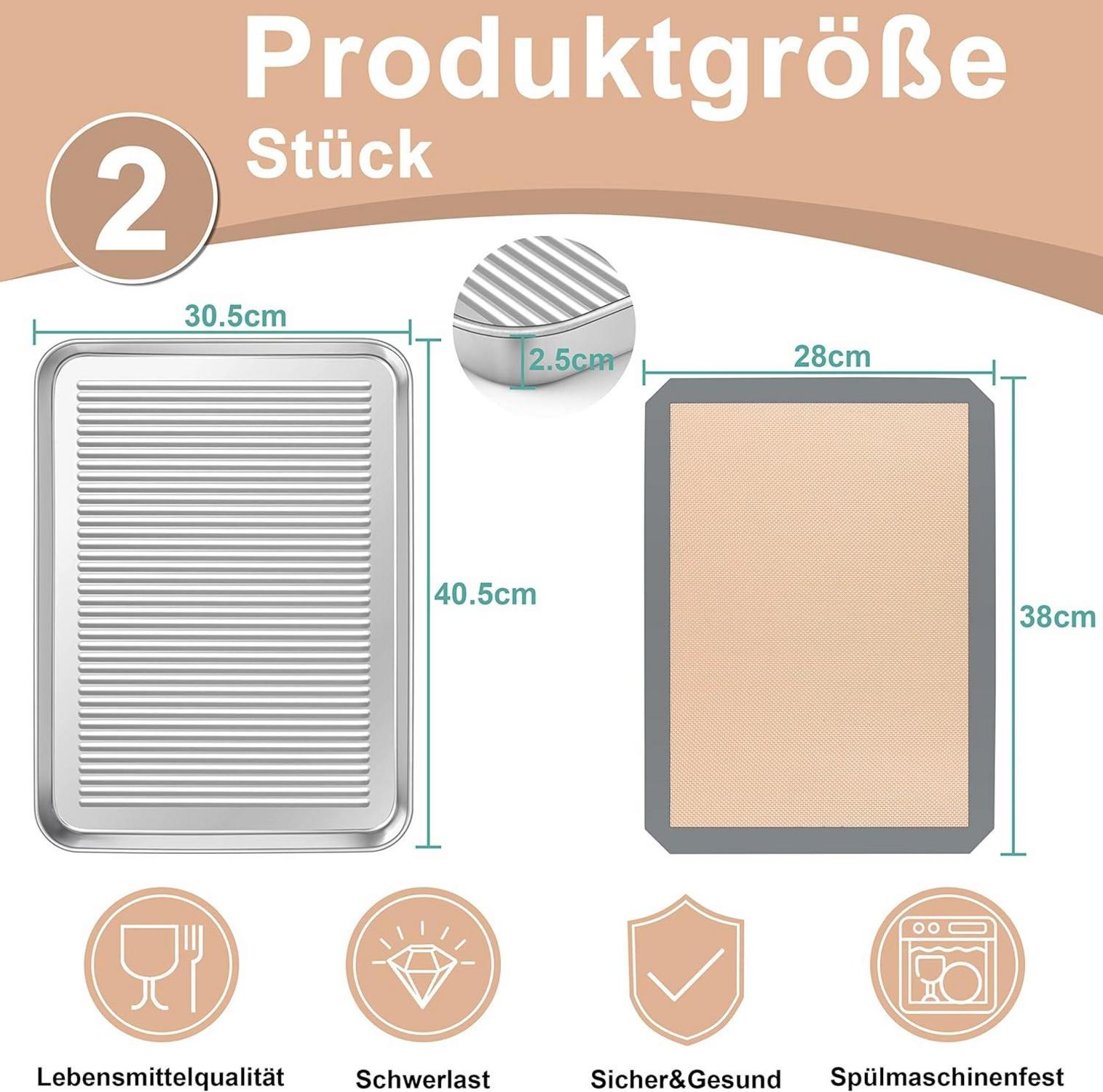 Edelstahl Backblech Set mit Silikonmatte, 40.5x30.5x2.5cm
