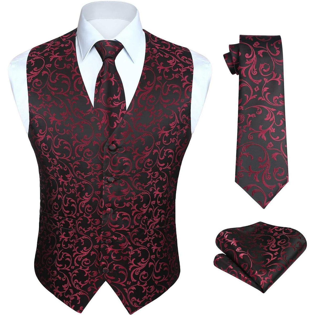 Herren Anzugweste Set Paisley Jacquard mit Krawatte & Einstecktuch Weinrot