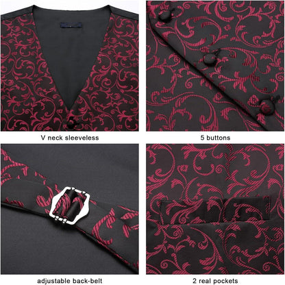 Herren Anzugweste Set Paisley Krawatte Einstecktuch Schwarz-Weinrot