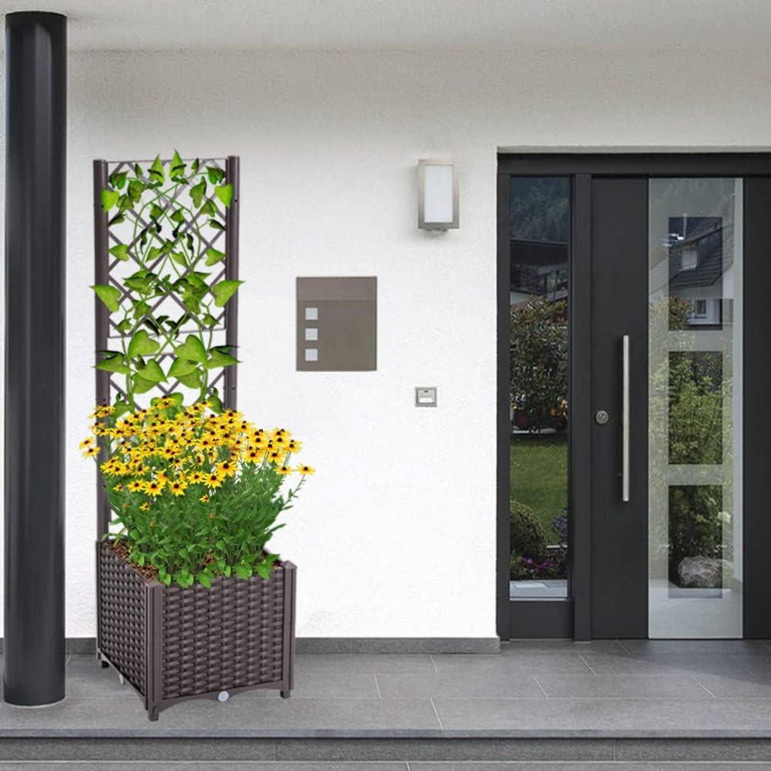Mingone Pflanzkübel Spalier Rattan Kletterpflanzen Hochbeet mit Selbstbewässerung Braun 40x40cm