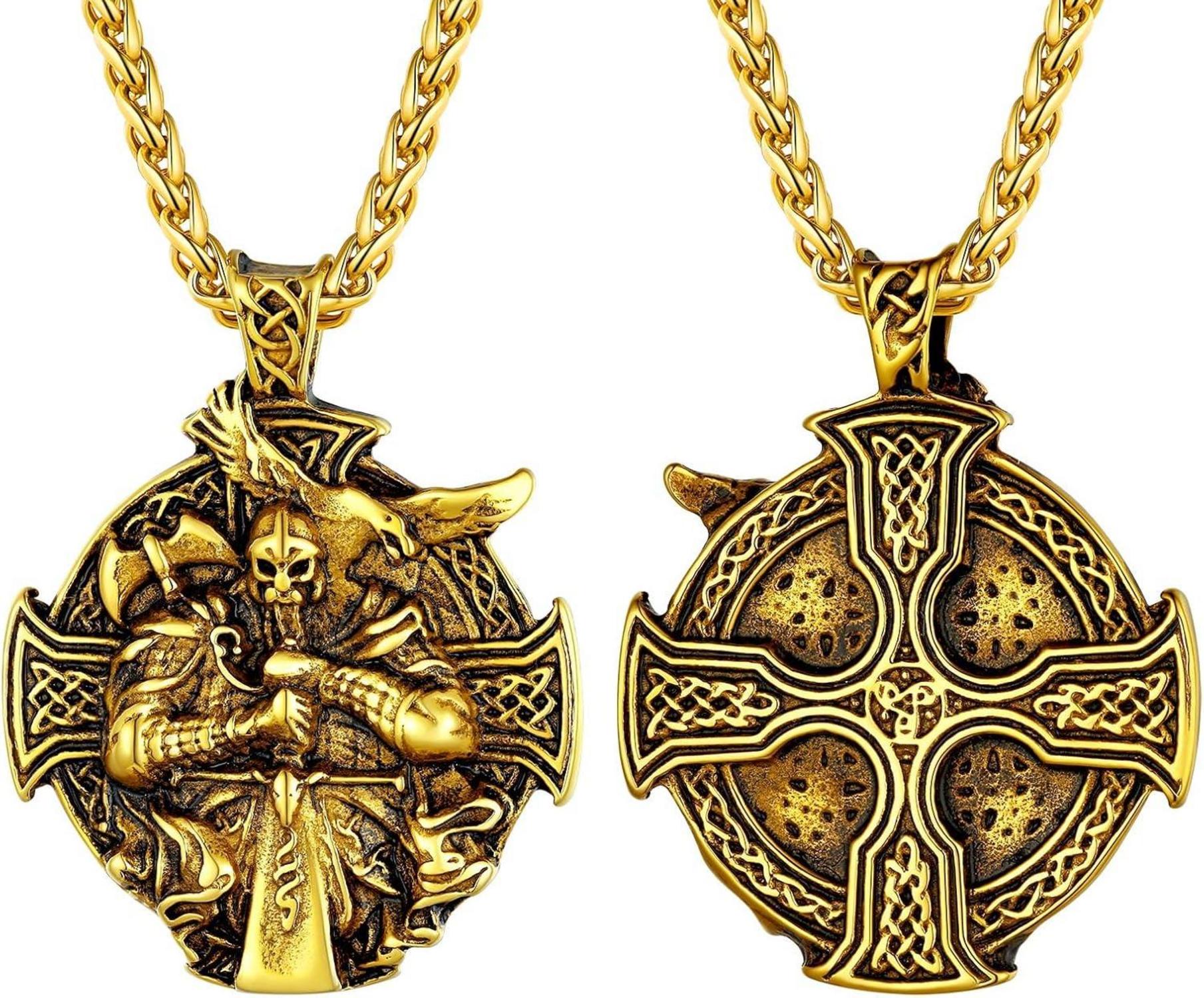 Wikinger Odin Medaille Halskette Edelstahl/18k vergoldet Rund Anhänger