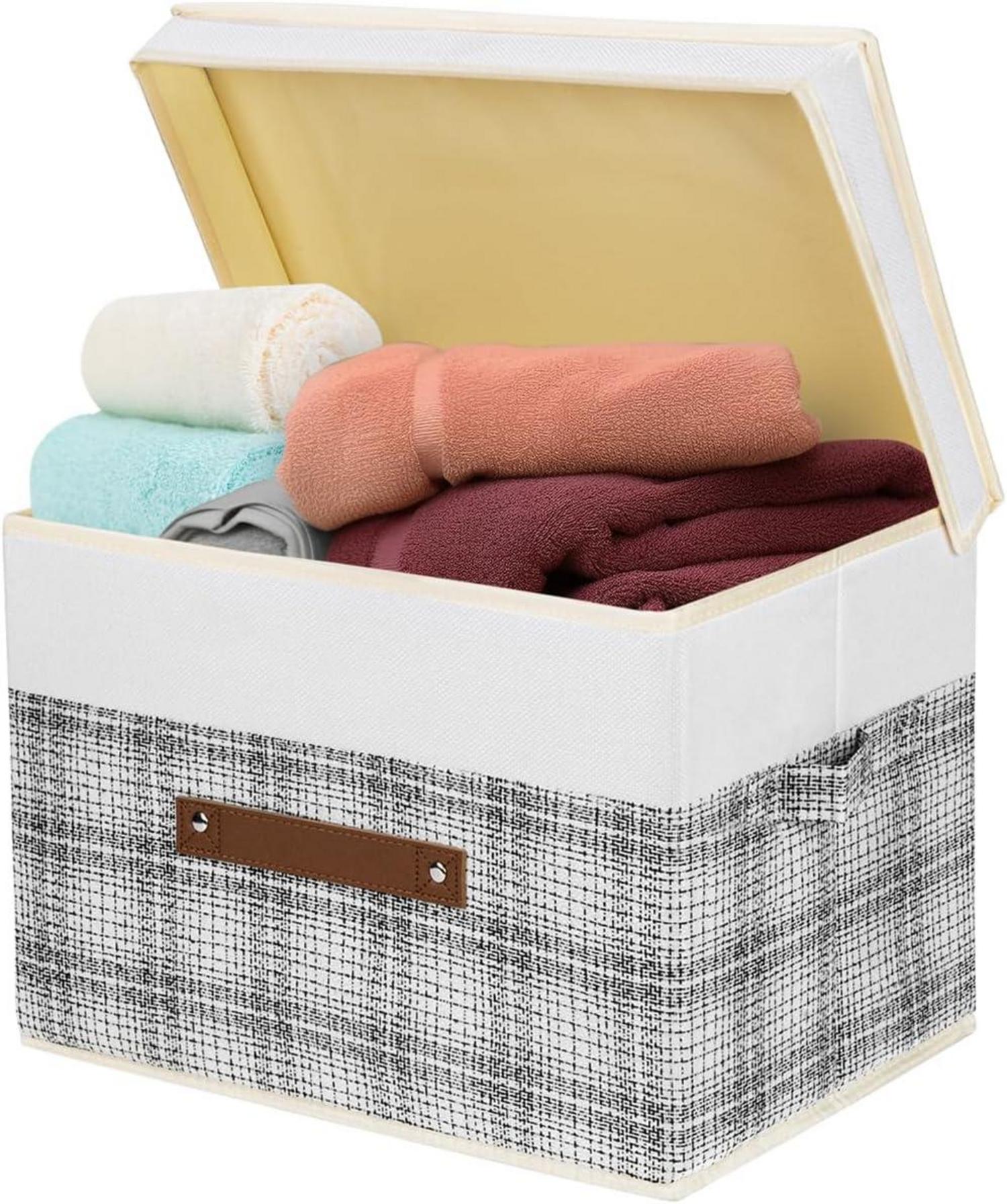 TYEERS Stoff Aufbewahrungsbox mit Deckel 38x25x25cm 3er Set Grau Patchwork