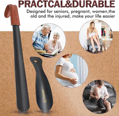 Schuhlöffel Set 2er 42cm Schwarz Lederband Edelstahl Stabil für