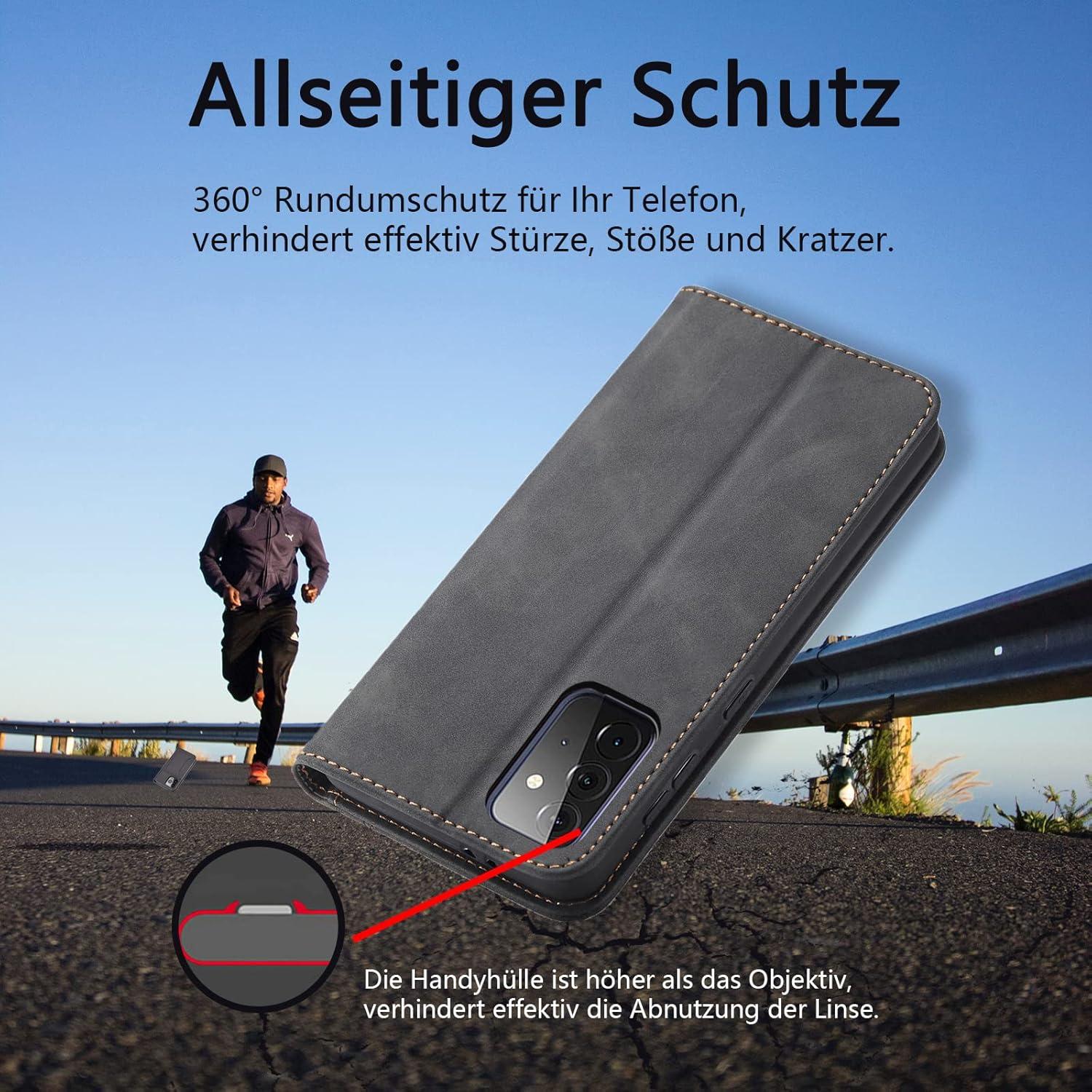 Handyhülle Samsung Galaxy A72: Premium Leder, Ständer, Kartenfach - Schwarz
