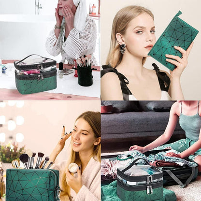 3er Set Kosmetiktasche Grün Transparent Doppellagig PVC+PU Rautenmuster Unisex